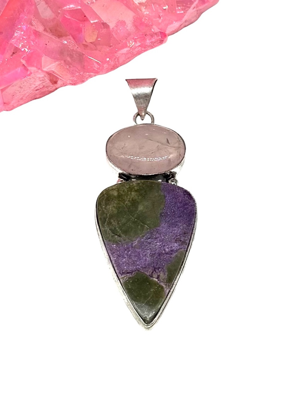 Purpurite & Rose Quartz Necklace Pendant 925 Sterling Silver Overlay